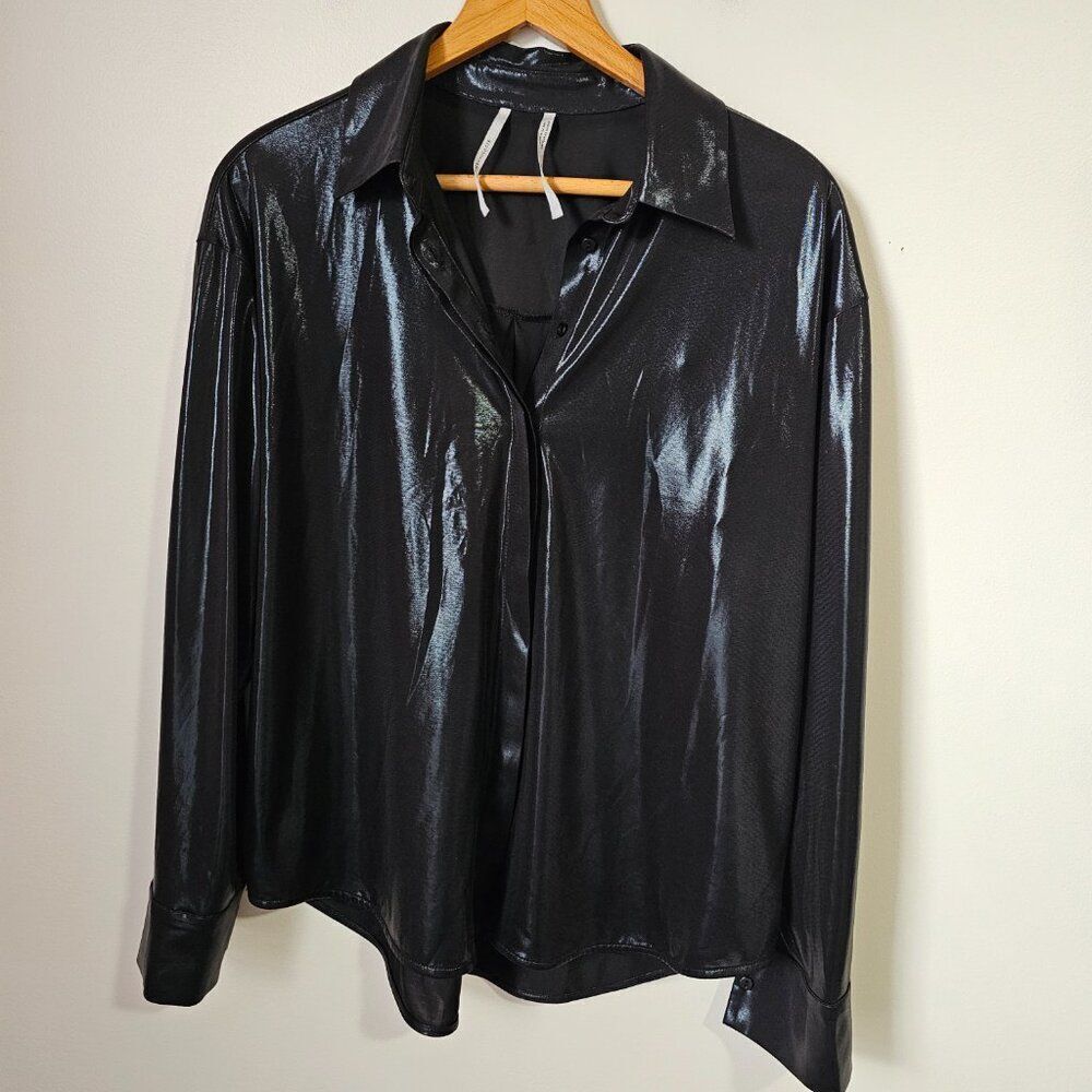 EUC LIKE NEW ANTHROPOLOGIE BLACK LIQUID SHINE WET LOOK BUTTON DOWN SHIRT SZ M